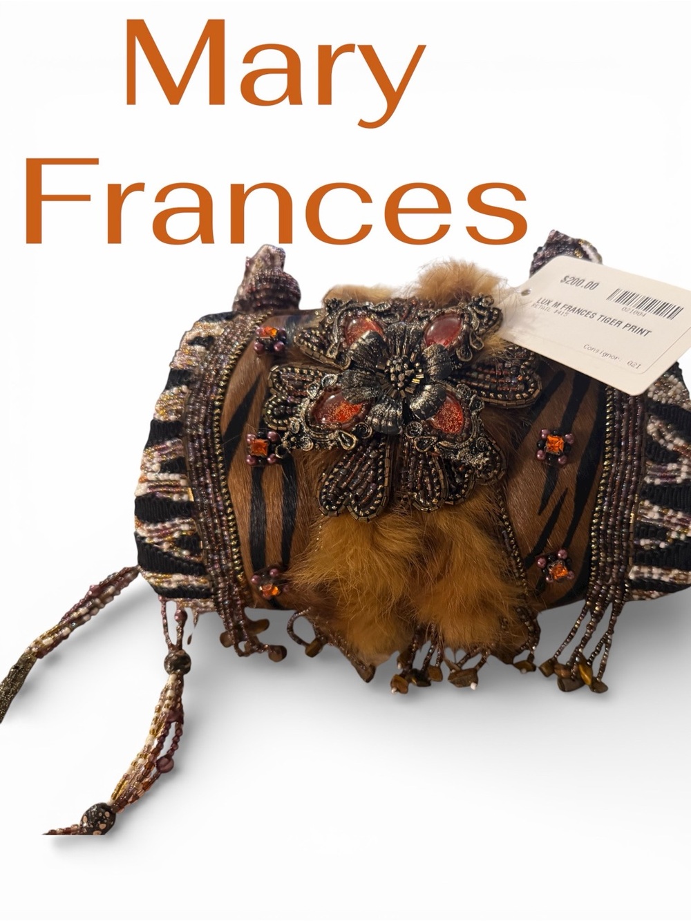 Mary Frances Brown & Black Beaded Tiger-Print Evening Clutch with Fur Accent